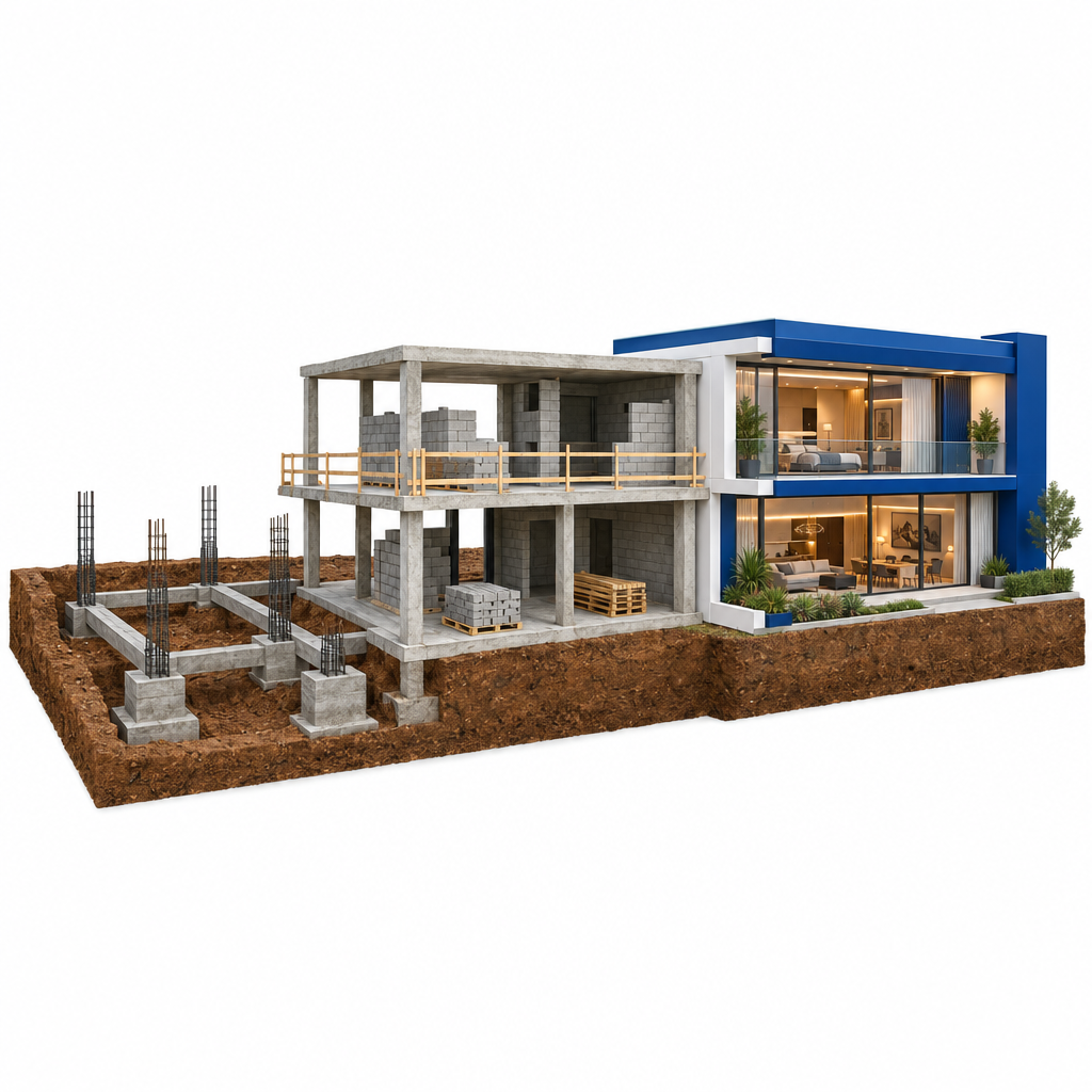 Maquete de uma casa mostrando as etapas da obra, do terreno ao acabamento